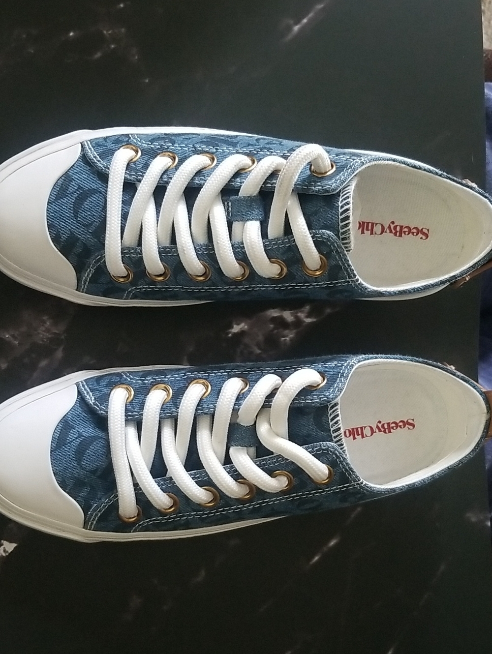 See By Chloé Denim Low-Top Sneakers in Blue and White Womens Sz 4